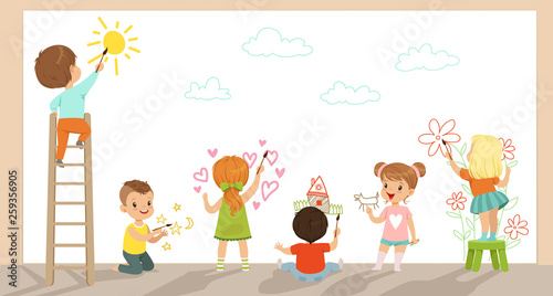 Preschool kids painting with brushes and paints on white wall vector Illustration