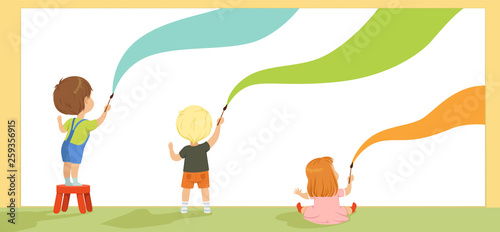 Preschool kids painting with brushes and paints on the wall, back view vector Illustration