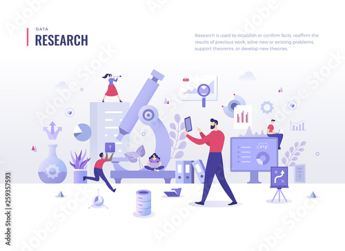 Research Flat Illustration Concept. Search for information, analyze business processes. Scientific approach in problem solving