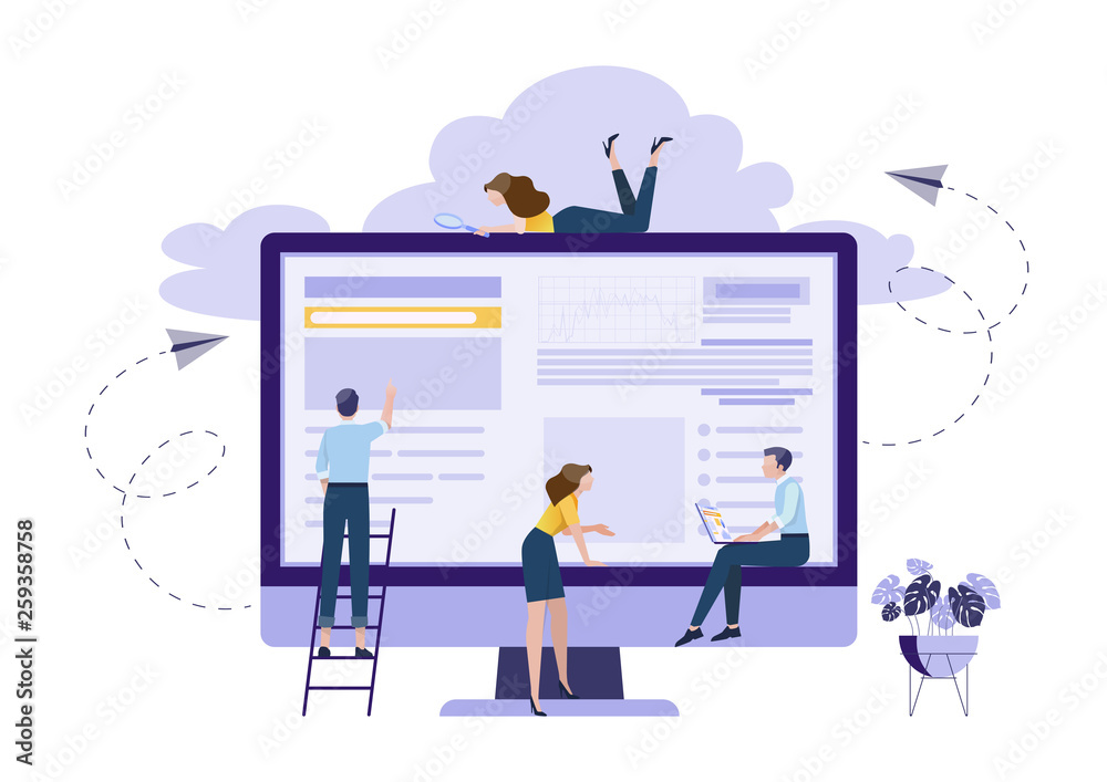 Business concept. People are building a business on the internet,promotion of business online, ideas. Symbol of teamwork, cooperation, partnership. Vector ililustration.