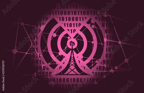 Wi Fi Symbol icon. Mobile gadgets technology relative image. Silhouette textured by lines and dots pattern. Binary code on backdrop