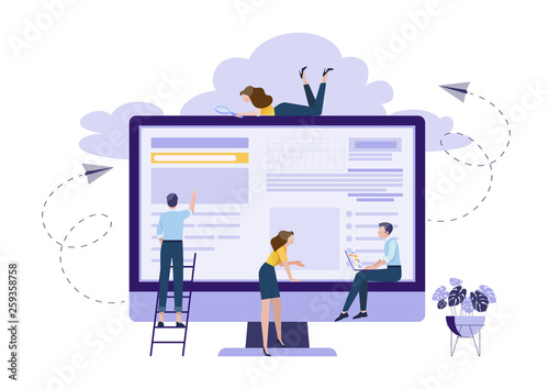 Business concept. People are building a business on the internet,promotion of business online, ideas. Symbol of teamwork, cooperation, partnership. Vector ililustration.