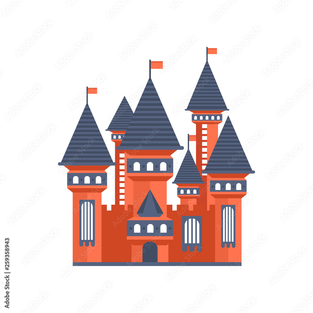 Fairytale medieval castle with flags vector Illustration on a white background