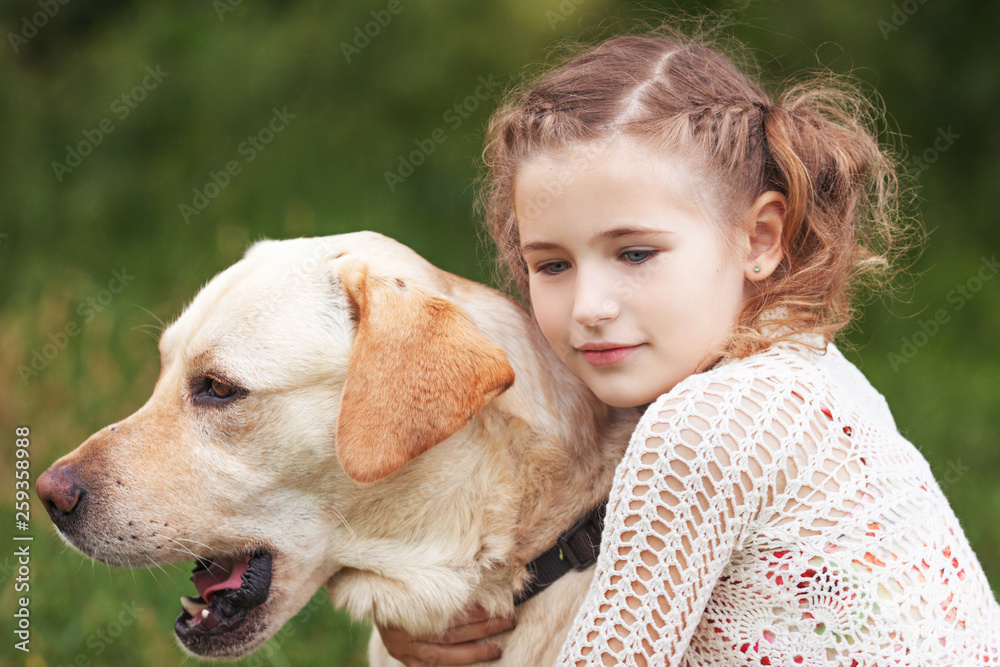 Cute smiling little girl hugging and  ironing labrador in the summer park