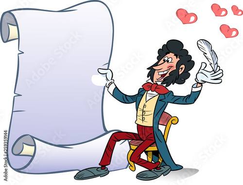 In vector illustration, the poet writes love poems. The illustration can be used for postcards on Valentine's Day, invitations, there is a place for a text block.