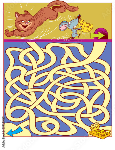 In vector illustration, a logic puzzle for children, in which you need to decide how mouse to run  from cat