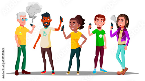 Vape People Vector. Person With Vaporizer Vaping Together. Hipster Addiction. Illustration