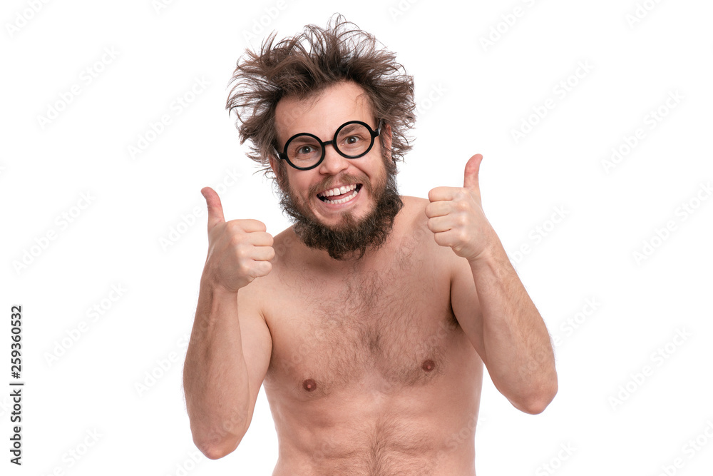 Crazy bearded Happy Man with funny Haircut in eye Glasses making Thumbs up   and silly naked guy, isolated on white background. Stock  Photo | Adobe Stock