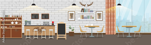 Empty cafe interior. Cofee shop Bar counter with flat and solid color style. Vector illustration photo