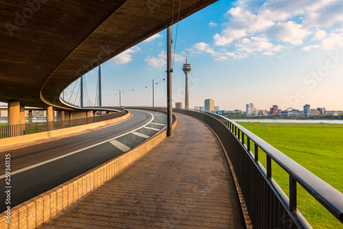 D  sseldorf Germany Skyline as seen from a Bridge Ramp across the Rhine River