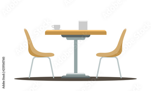 Modern round table with curved chairs. Flat color style vector illustration.
