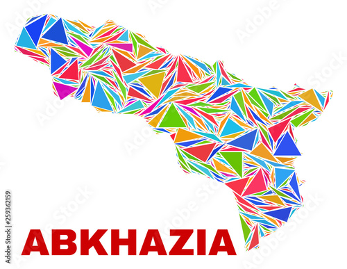 Mosaic Abkhazia map of triangles in bright colors isolated on a white background. Triangular collage in shape of Abkhazia map. Abstract design for patriotic illustrations.