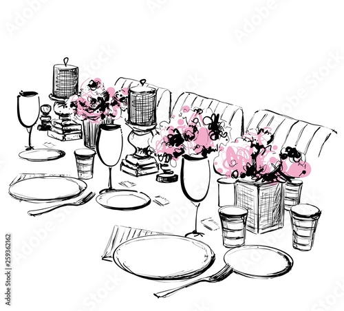 Vector illustration of holiday dinner. Dishes sketch. Food and drink