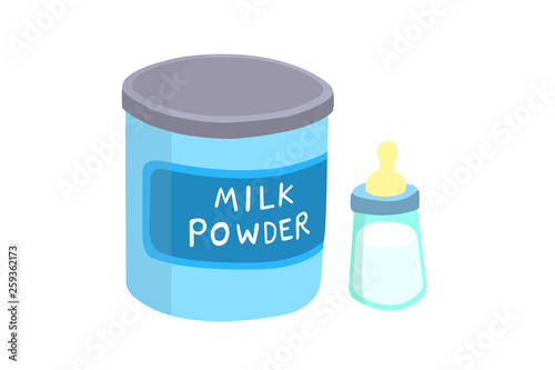 Milk powder canned and milk bottle isolated on gray background. Milk powder is a great dairy product.