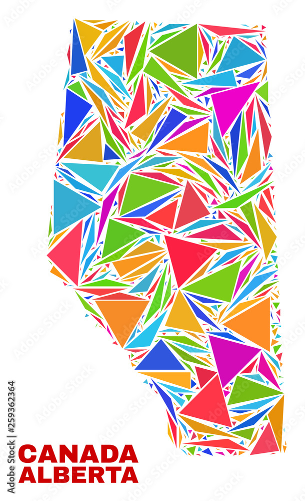 Mosaic Alberta Province map of triangles in bright colors isolated on a white background. Triangular collage in shape of Alberta Province map. Abstract design for patriotic purposes.