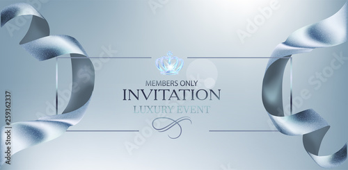 Elegant blue invitation card with curly beautiful ribbon. Vector illustration