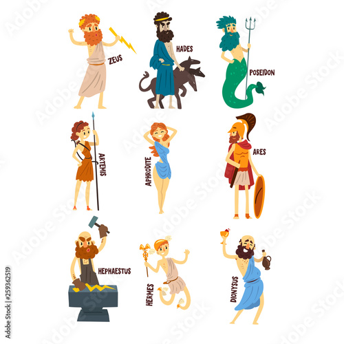  Greek Gods set, Dionysus, Hermes, Hephaestus,Zeus, Hades, Poseidon, Aphrodite, Artemis ancient Greece mythology characters character vector Illustrations