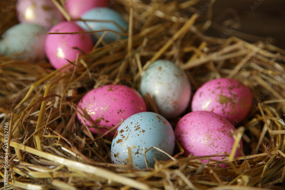Colorful Easter eggs in a nest of straw on a rustic table