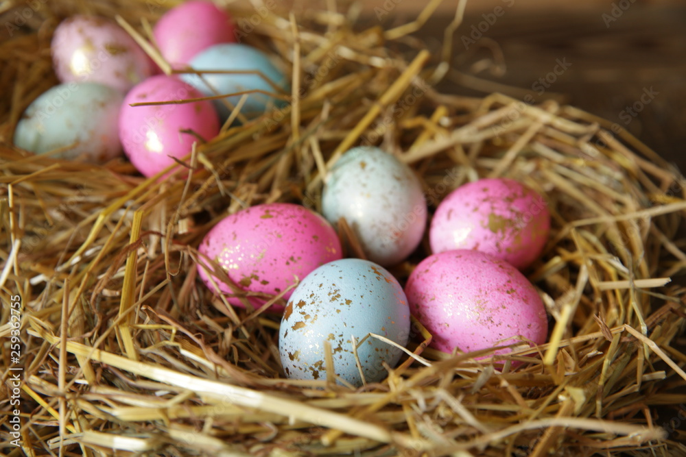 Colorful Easter eggs in a nest of straw on a rustic table. Close-up. Colorful Easter eggs in a nest of straw on a rustic table. Close-up.