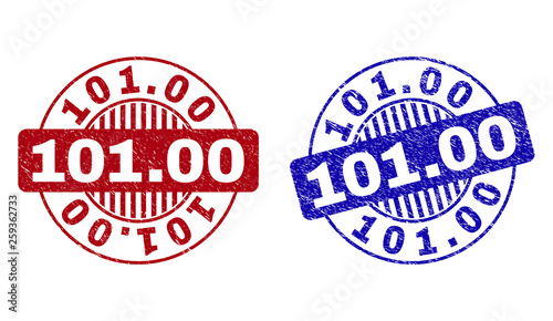 Grunge 101.00 round stamp seals isolated on a white background. Round seals with grunge texture in red and blue colors. Vector rubber watermark of 101.00 tag inside circle form with stripes. photo