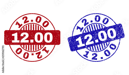 Grunge 12.00 round stamp seals isolated on a white background. Round seals with grunge texture in red and blue colors. Vector rubber imitation of 12.00 title inside circle form with stripes.