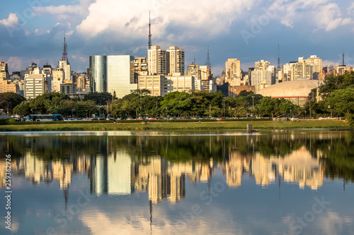 Skyline of Sao Paulo city and reflex in lake