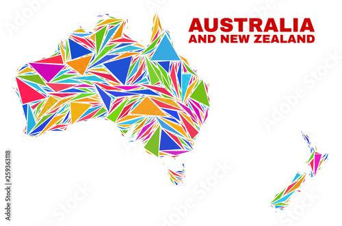 Mosaic Australia and New Zealand map of triangles in bright colors isolated on a white background. Triangular collage in shape of Australia and New Zealand map. Abstract design for patriotic purposes.