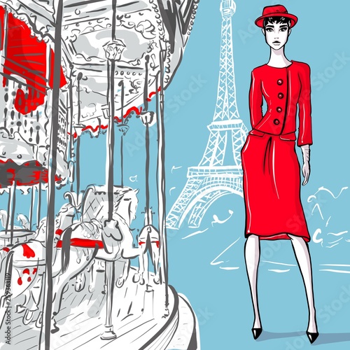 Fotografie Beautiful woman in retro style in Paris