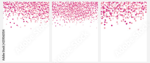 Set of 3 Varius Abstract Geometric Vector Layouts. Pink Tiny Falling Confetti on a White Background. Pink Confetti Rain Vector Design. Simple Bright Layouts Without Text.