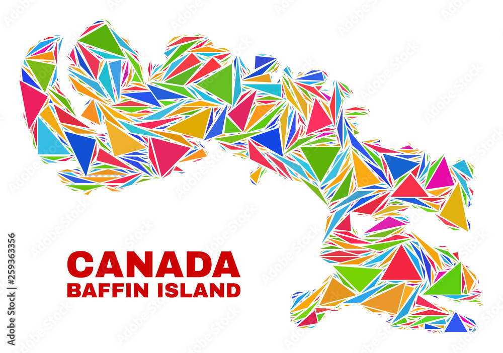 Obraz premium Mosaic Baffin Island map of triangles in bright colors isolated on a white background. Triangular collage in shape of Baffin Island map. Abstract design for patriotic purposes.