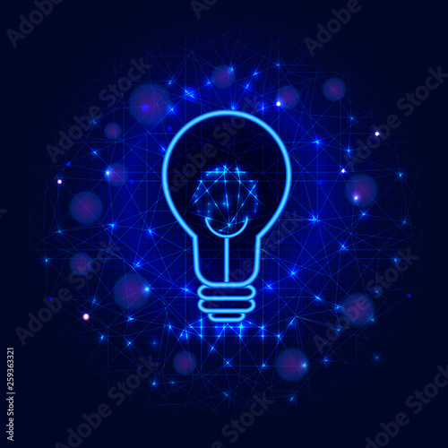 Lightbulb concept from lines, points and triangles on abstract blue low poly background. Lamp or light bulb design for creative idea, digital data, brain power or knowledge. Vector illustration