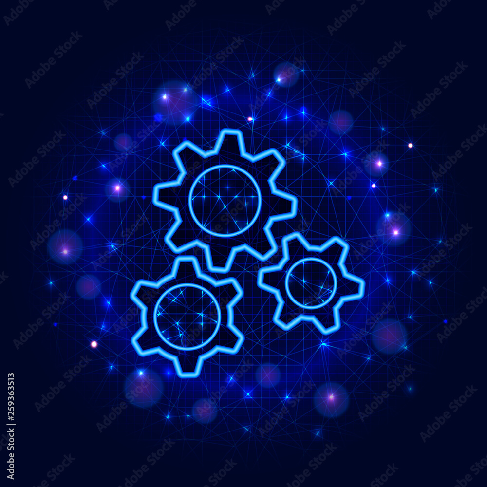 Gears design. Vector low poly wireframe three gear modern flat illustration on abstract blue polygonal background. Mechanical machine engineering technology icon. Business solution concept Gears design. Vector low poly wireframe three gear modern flat illustration on abstract blue polygonal background. Mechanical machine engineering technology icon. Business solution concept