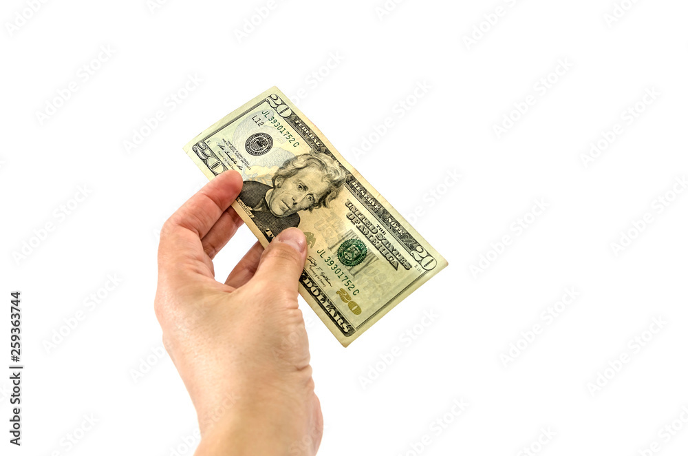 twenty dollars in hand on white background twenty dollars in hand on white background