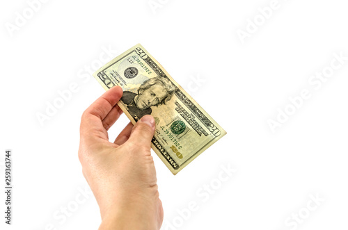 twenty dollars in hand on white background