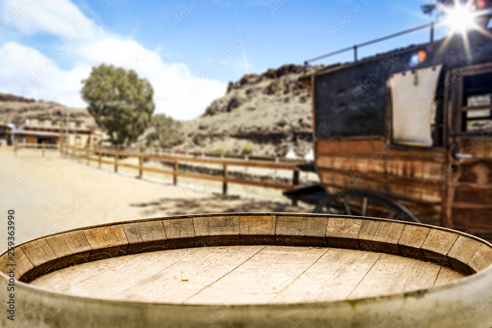 Wooden old table of free space and Wild West background Wooden old table of free space and Wild West background