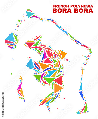 Mosaic Bora-Bora map of triangles in bright colors isolated on a white background. Triangular collage in shape of Bora-Bora map. Abstract design for patriotic purposes.