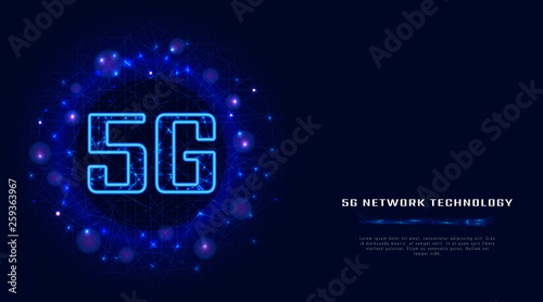 5G wireless internet wifi connection with digital data on abstract low poly background. New generation of high speed network and internet technology. Banner, poster, template. Vector illustration © Olena