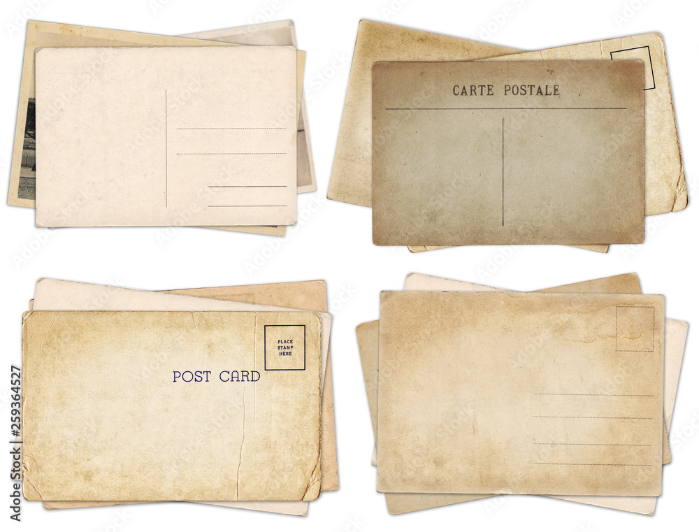 Set of various old vintage postcards isolated on white