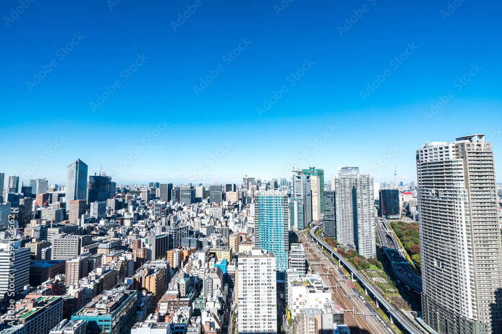 Asia business concept for real estate and corporate construction - panoramic urban city skyline aerial view under blue sky in hamamatsucho, tokyo, Japan