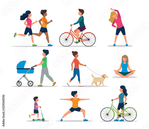 People doing various outdoor activities  isolated. Running  on bike  on scooter  walking the dog  exercising  meditating  walking with baby carriage. Vector illustration of healthy lifestyle.