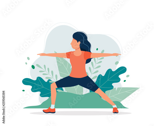 Happy woman exercising in the park. Vector illustration in flat style  concept illustration for healthy lifestyle  sport  exercising.