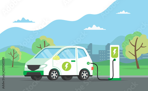 Fototapeta Naklejka Na Ścianę i Meble -  Electric car charging its battery with natural landscape, concept illustration for green environment, ecology, sustainability, clean air, future. Vector illustration in flat style. 