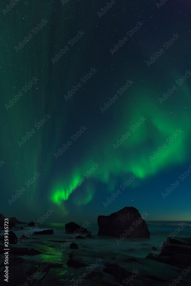 Aurora Borealis, northern lights at Utakleiv beach in summer night, Lofoten islands, Norway