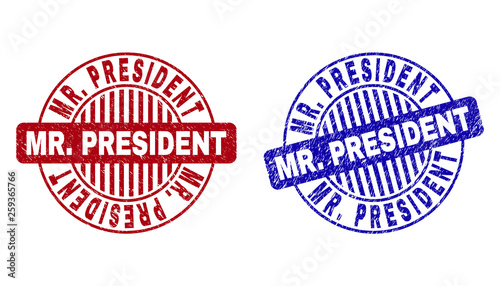 Grunge MR. PRESIDENT round stamp seals isolated on a white background. Round seals with grunge texture in red and blue colors. Vector rubber watermark of MR.
