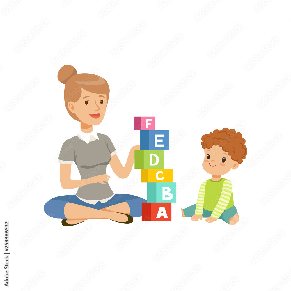 Little boy sitting on the floor and playing with abc cubes with his teacher, preschool education concept vector Illustration on a white background