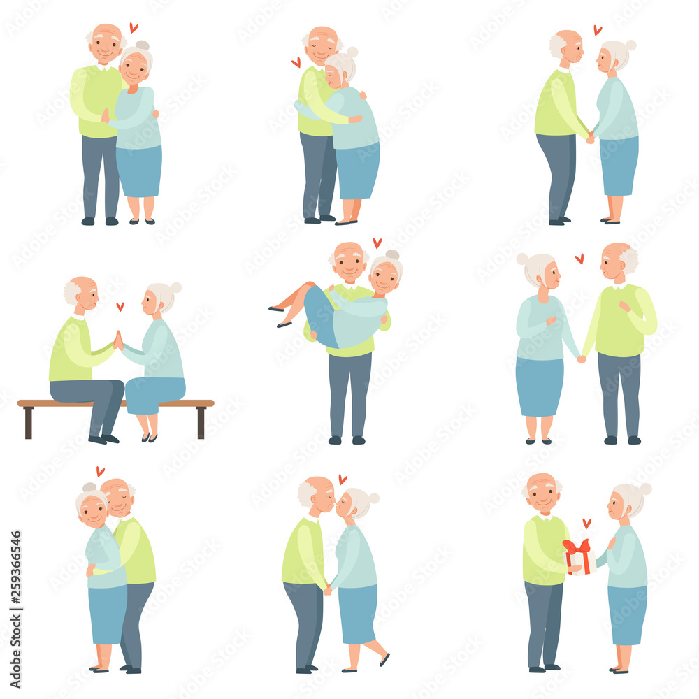 Senior man and woman having a good time together set, elderly romantic couple in love vector Illustrations on a white background