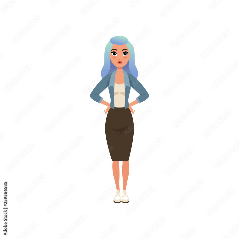 Beautiful young woman with long blue dyed hair, stylish girl in fashion clothes vector Illustration on a white background Beautiful young woman with long blue dyed hair, stylish girl in fashion clothes vector Illustration on a white background