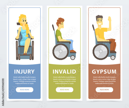 Handicapped people in wheelchairs banners set, injury, invalid, gypsum flat vector ilustrations, element for website or mobile app