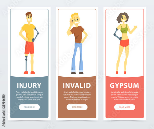 Disabled people banners set, deaf man, woman and man with artificial limbs, injury, invalid, gypsum flat vector ilustrations, element for website or mobile app