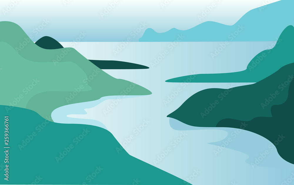 Beautiful summer natural landscape, scene of nature with mountains and river vector Illustration